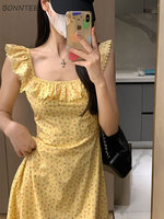 Floral Midi Dress Women Ruffles Square Collar Hotsweet Aesthetic Summer Flying Sleeve Korean Style Simple All-match Holiday Girl