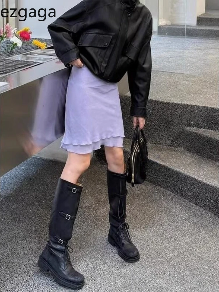 

Ezgaga Skirts Women Patchwork 2025 Summer Fashion Ruffles High Waist Elegant Solid Slim Sweet Skirt Female Fashion Casual