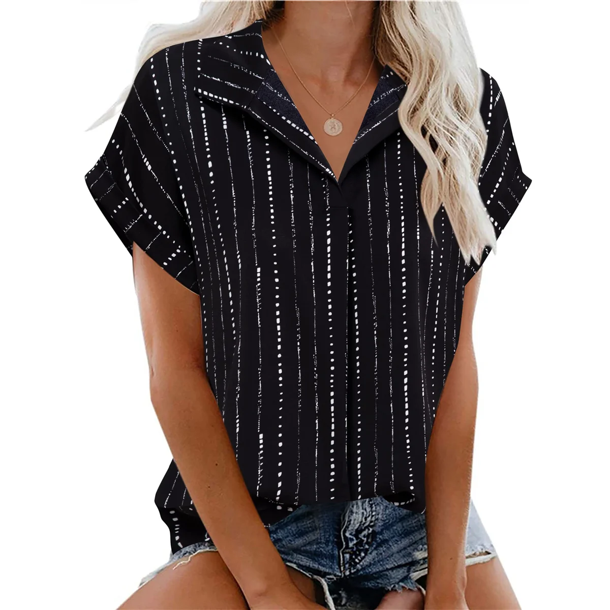 Camicetta da donna a maniche corte estiva Top elegante camicia a tunica da lavoro Camicette casual con colletto a bavero a righe
