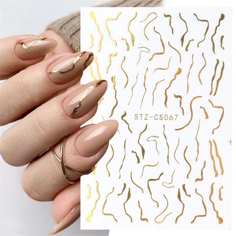 12 Sheets Line Nail Art Stickers 3D Aurora Nail Sticker Holographic Silver Stripe Nail Decals Wave Lines French Style Decoration