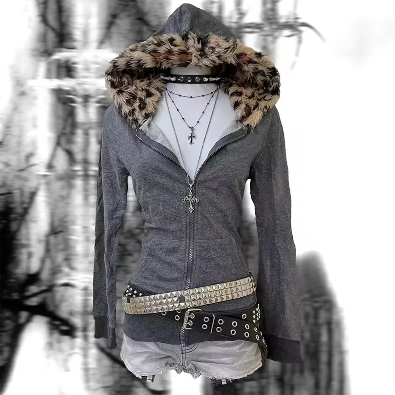 

Y2k Streetwear Vintage Warm Cardigan Loose Hoodie Women Winter Fashion Fur Collar Hat Goth Hoodie Harajuku Zipper Sweatshirt