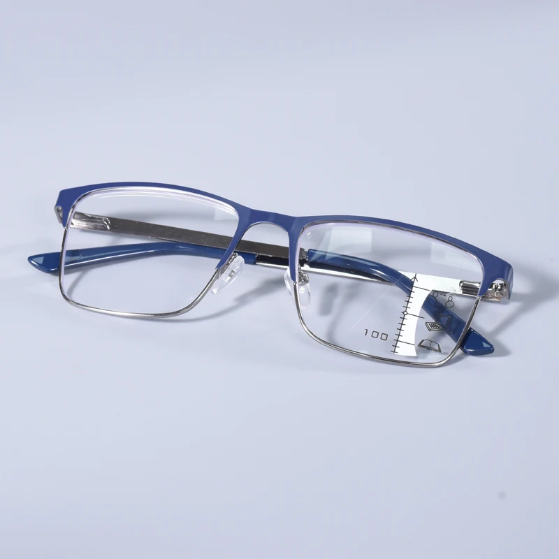 Blue Double Color Men's Retro Spring Hinge Anti-blue Light Reading Glasses Prescription Multifocal Eyeglasses Metall Oversize