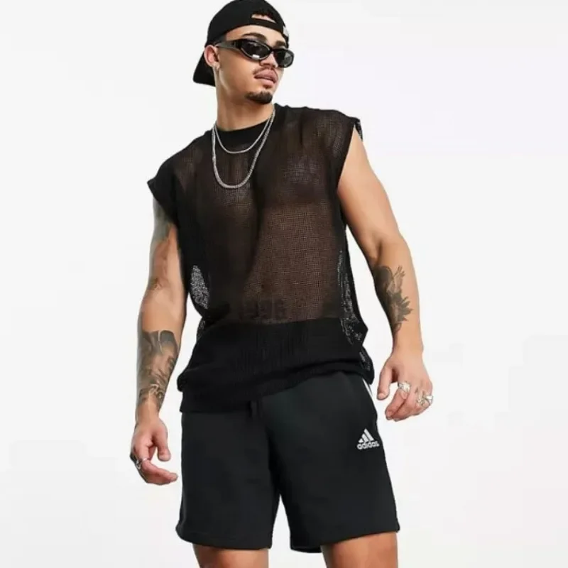 الرجال شبكة الجوف خارج تانك القمم أكمام فضفاضة الشارع الشهير تريكو مثلي الجنس مثير شير سترة حفلة ليلة مرحلة الأداء وتتسابق #3