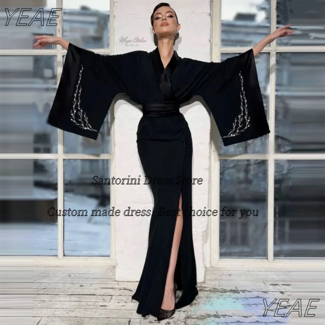 

Santorini Women's Prom Dresses V Neck Beading Long Sleeves Evening Dress with Buttons Side Slit Robe Des Soiree Customized