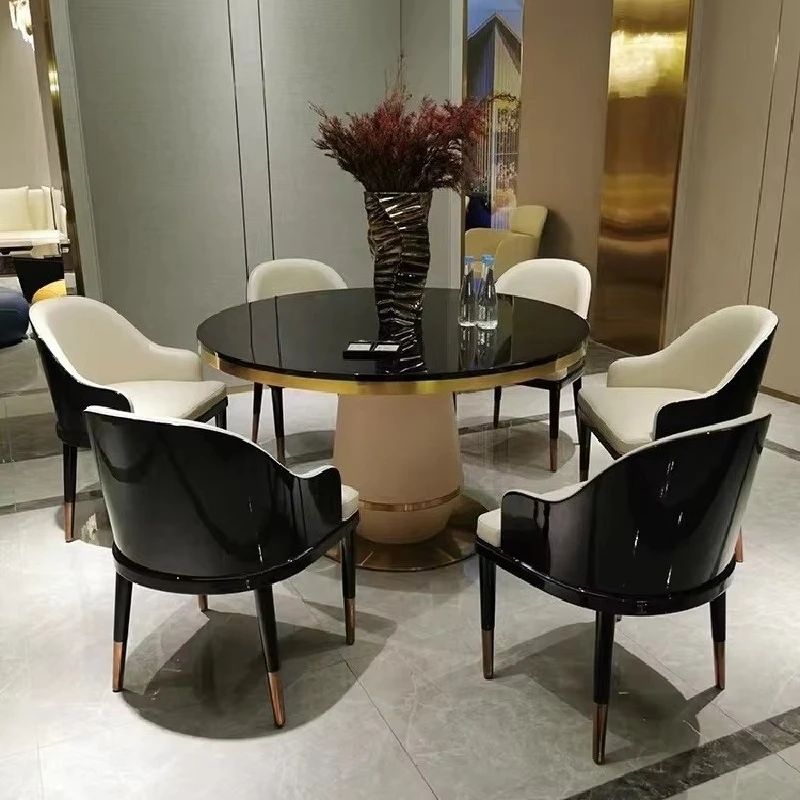 

hj-Modern Furniture Stainless Steel Trim Dining Tables Two Marble Top Rotating Round Dining Table Set With Rotating Center%