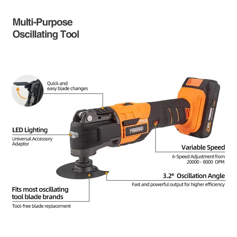 Freeman Brushless Motor 20V Battery Cordless Multitool Oscillating Multi Tool for Sawing Cutting Sanding Scraping