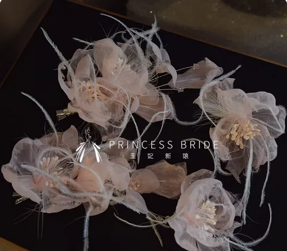 

Fairy pink hot petals feather bridal hair earrings wedding dress with makeup dressing gown sweet head jewelry