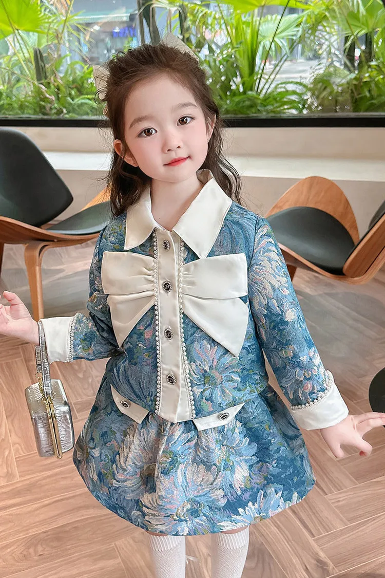 Girls Spring and Autumn Full Print Floral Small Fragrance Style Set 2026 Baby Girl Temperament Short Skirt Two-piece Set 6