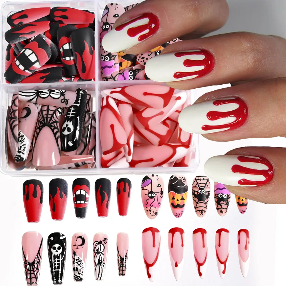 

96pcs 24*4 Blood Halloween Long Almonds Fake Nails 3D Black Red Spider Web Skull Press On Nails Full Cover Manicure Decorations