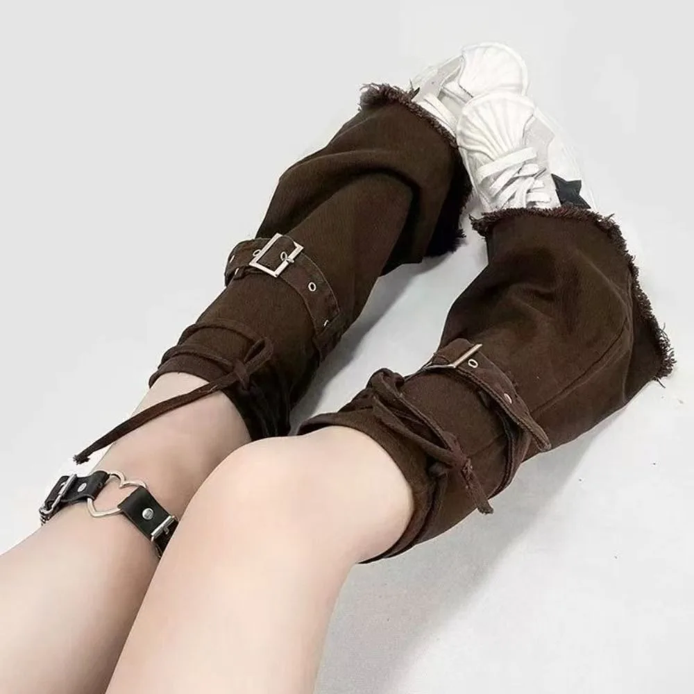 Vintage Washed Denim Denim Leg Warmers Adjustable Buckle Strap Closure Flared Leg Warmers Frayed Boot Cuffs For Women