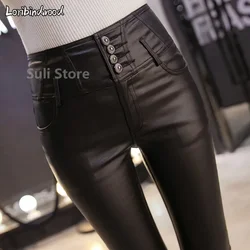 2023 Winter Warm Women Pants Dropshipping Female PU Leather Velvet Trousers Elastic Pencil Skinny pants Women's Tight pants