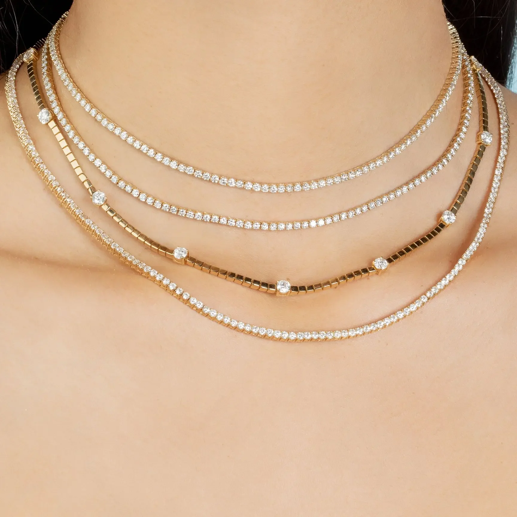 New Geometric Simple European Women Jewelry 5A Sparking Round CZ Gold Color Square Beaded Tennis Chain Bracelet Necklace Set