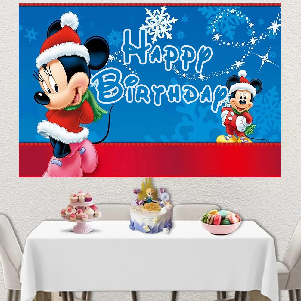 Merry Christmas Happy Year Mickey Minnie Theme Boy and Girl Birthday Ice Castle Photography Backdrop Baby Shower Banner Props