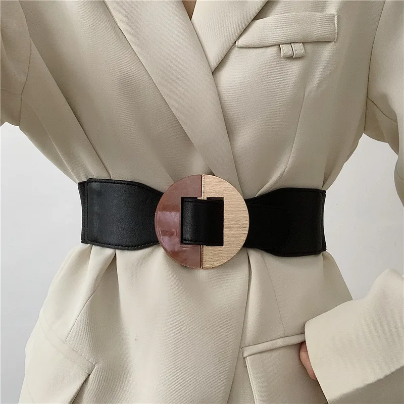 Personality Design Acrylic Alloy Round Buckle Belts For Women Special Golden No Pin Buckles Brown Elastic Waistbands Dress Girls