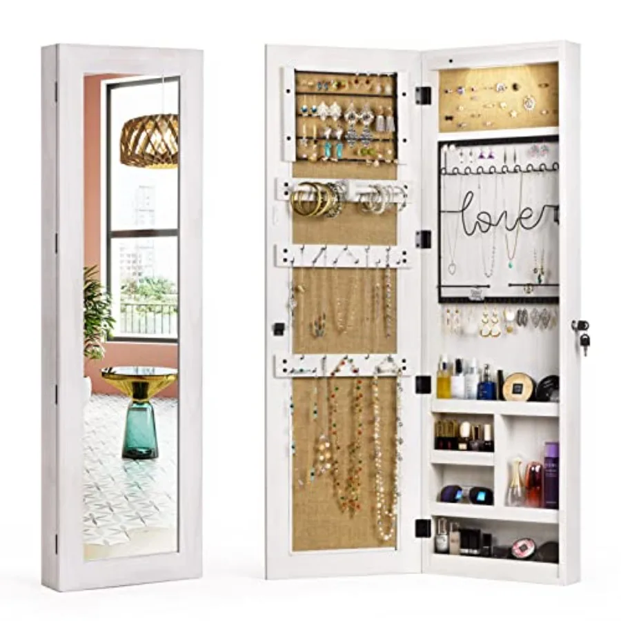 

Jewelry Armoire Cabinet Solid Wood Jewelry Organizer with Full Length Mirror Wall/Door Mounted Washed White