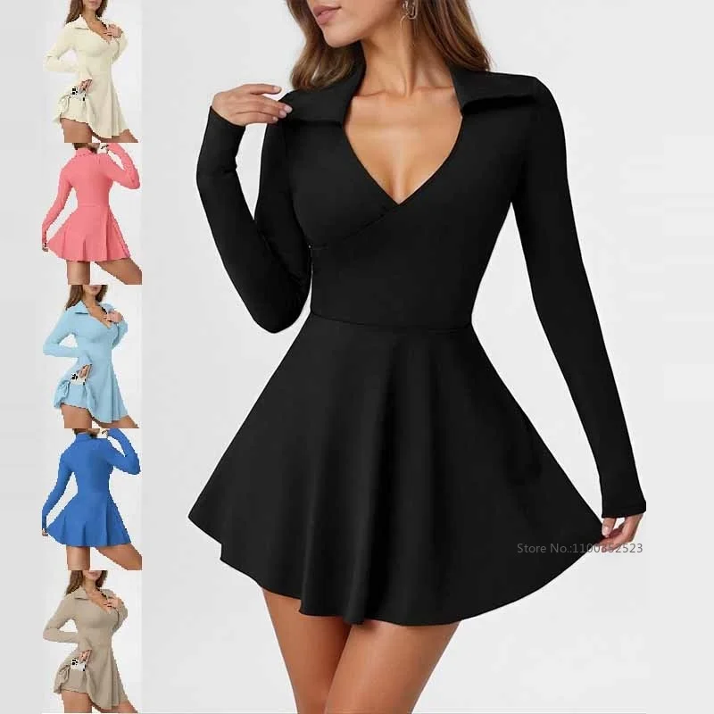 Autumn Spring Women Long-sleeve Tennis Dress V-neck Slim Yoga Dress Lady A-Lined Sport Skirts with Inner Short and Pocket
