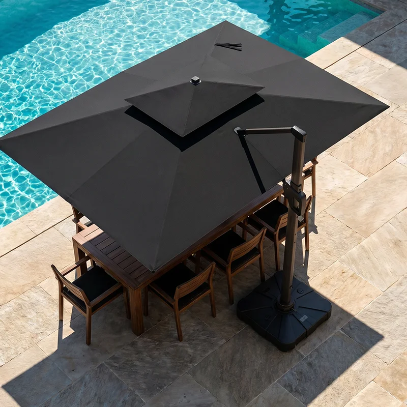 9X12FT Rectangle Sunshade Umbrella with LED Light Anti-UV Cantilever Outdoor Parasol for Garden Hotel Pool