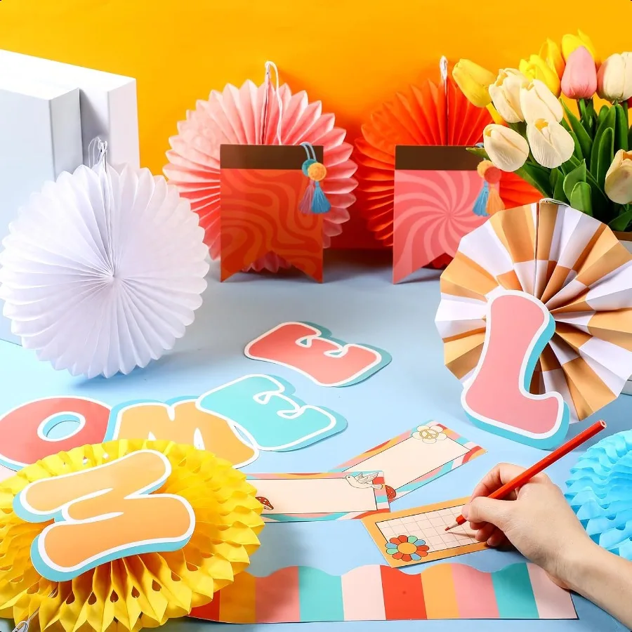 مجموعات لوحة الإعلانات الترحيبية، لافتة ترحيب للعودة في الفصل الدراسي، لوحة الإعلانات، لوحة اسم، قطع مراوح الورق، لافتة للعودة إلى Sc #4