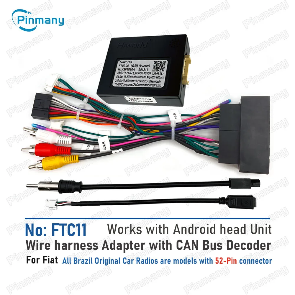 Pinmany FTC6 FTC11 Car Radio Wiring Harness Adapter Hiworld FT09 CAN Bus Decoder for Brazil Fiat Models