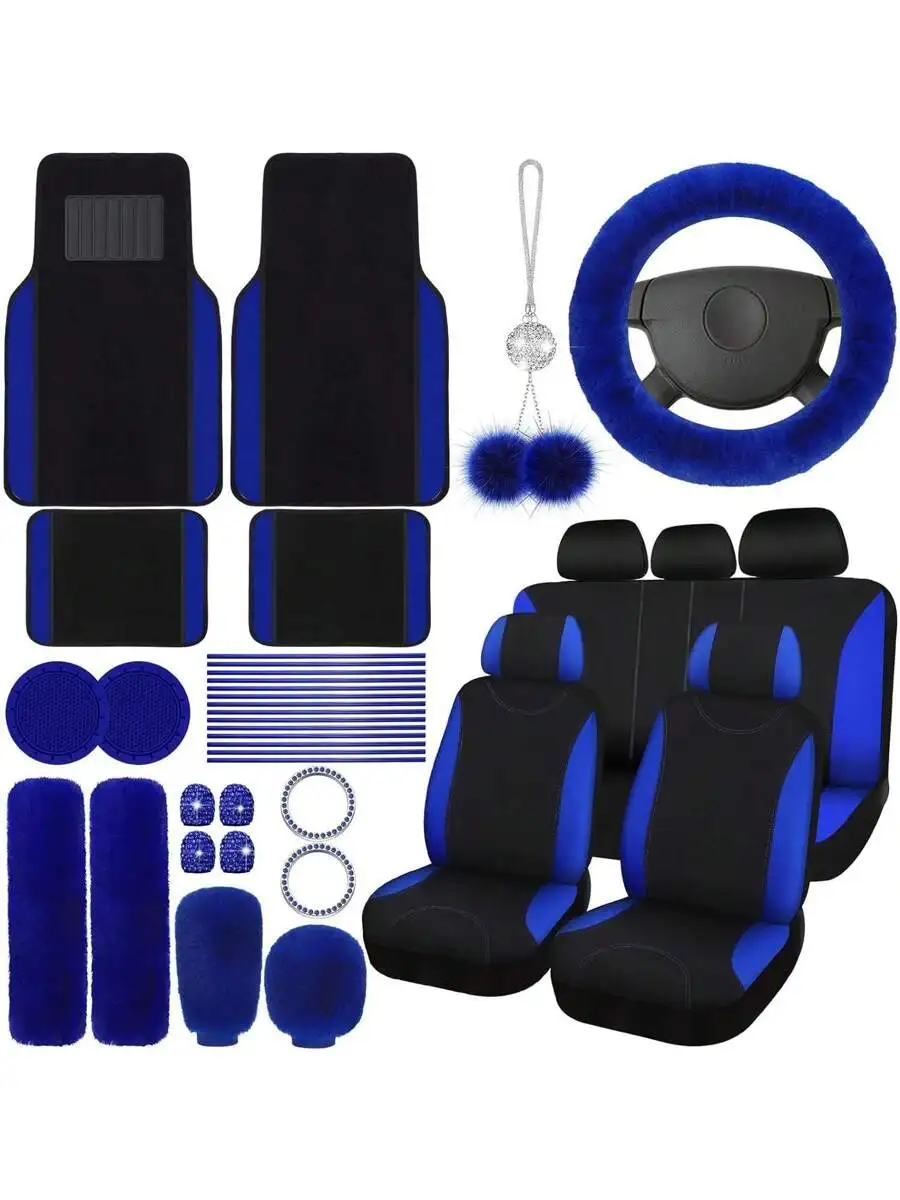 Car Seat Cover Full Set With Steering Wheel Cover Floor Mats And Accessories Blue