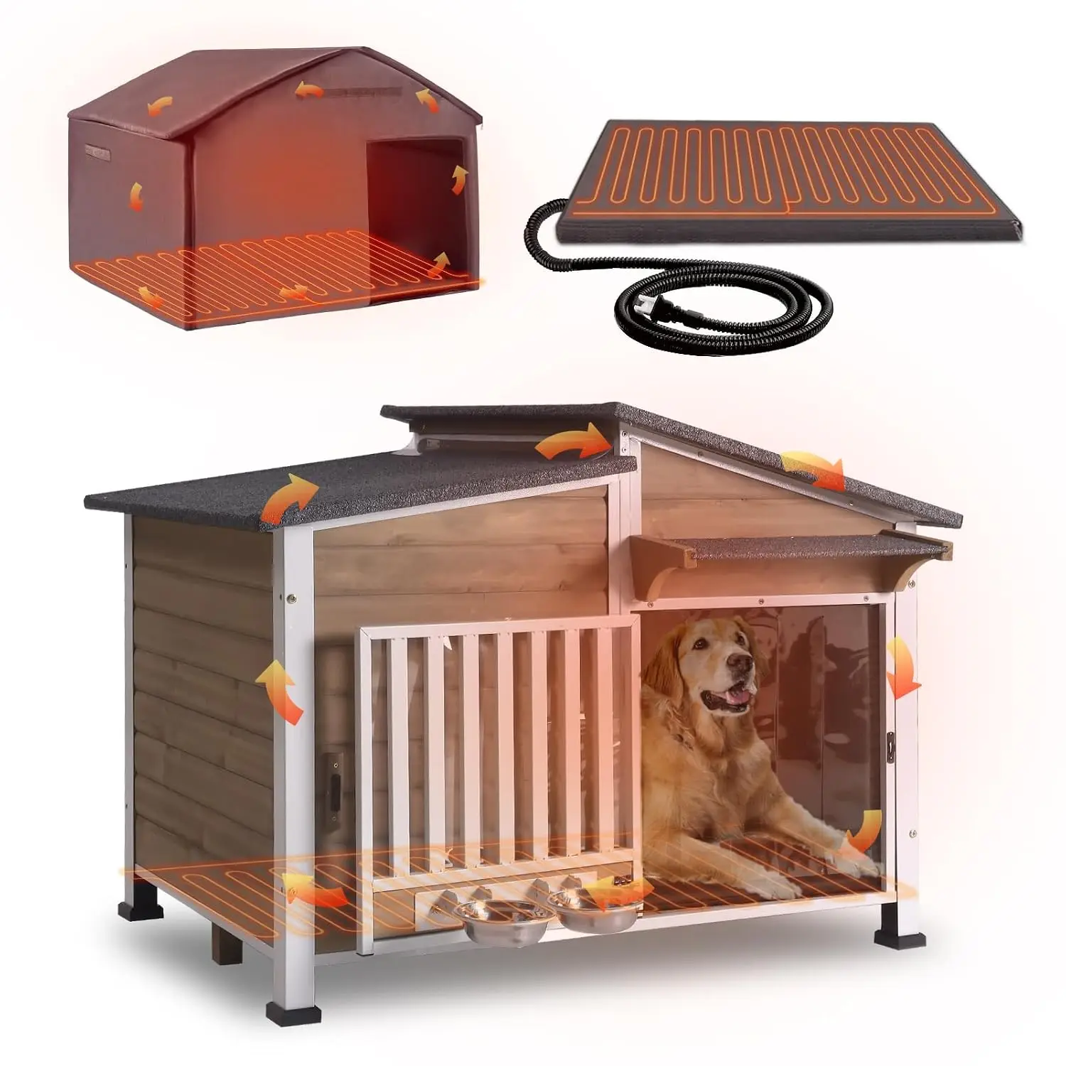 Heated Insulated Outdoor Dog Kennel With Heating Pad, Chew-Proof Frame, Spill-Proof Bowl For Medium To Large Breeds, Customized