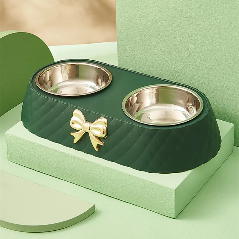 Pet Supplies Bow-tie Bowknot Cats Food Bowl Dog Bowl Stainless Steel Double Pet Accessories Feeding Drinking Double Bowl