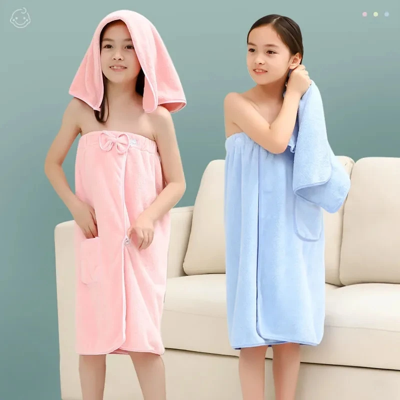 

100-140cm Children Bath Towel Middle Large Girls Wrap Bath Skirt Absorbent Quick-drying Home Bathrobe Shower Cap Drying Hair Cap