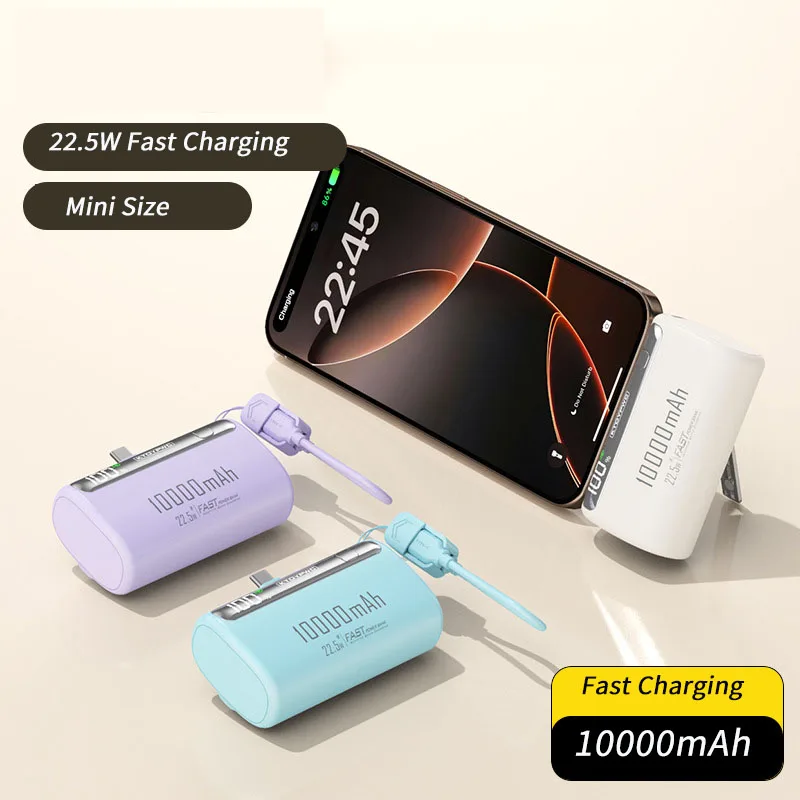 20000mAh Mini Capsule Power Bank Portable Charger with Cable Stand 22.5W Fast Charging for iPhone Xiaomi Spare Battery Powerbank