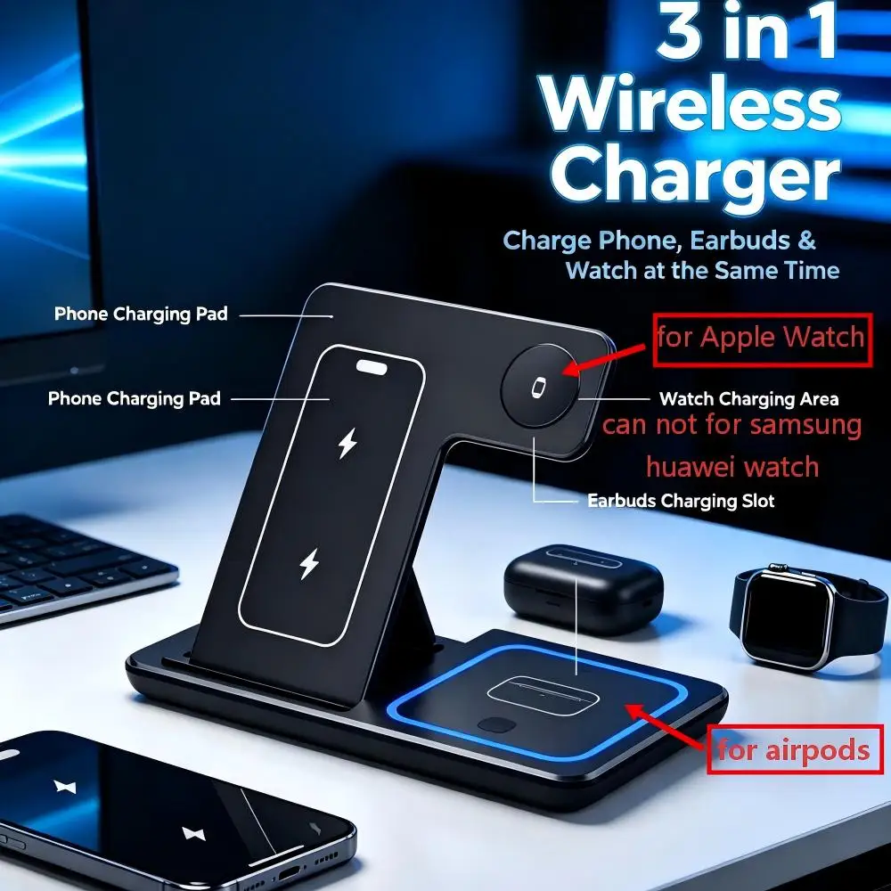 for Samsung S26 Xiaomi LED Wireless Charger 3 in 1 Foldable Stand Fast Charging Station For iPhone 12-18 Apple Watch Airpods Pro