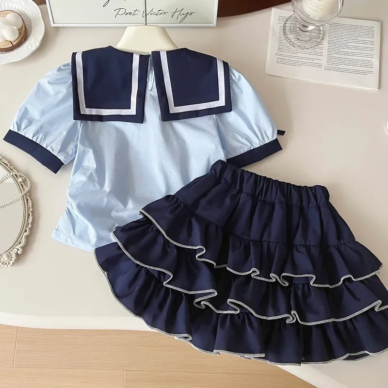 Girls Casual Dresses Summer Suit Skirt Short-sleeved Rabbit Police Officer Clothes Little Girl College Style T-shirt Puffy 2pcs