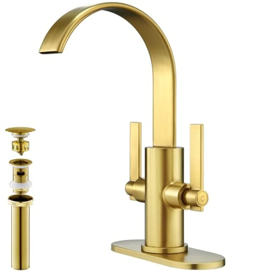 

Brushed Gold Bathroom Faucet for Bathroom Sink 1Hole or 3 Hole High-Arc 360 Swivel Spout with Metal Pop-Up Drain and Supply Lin