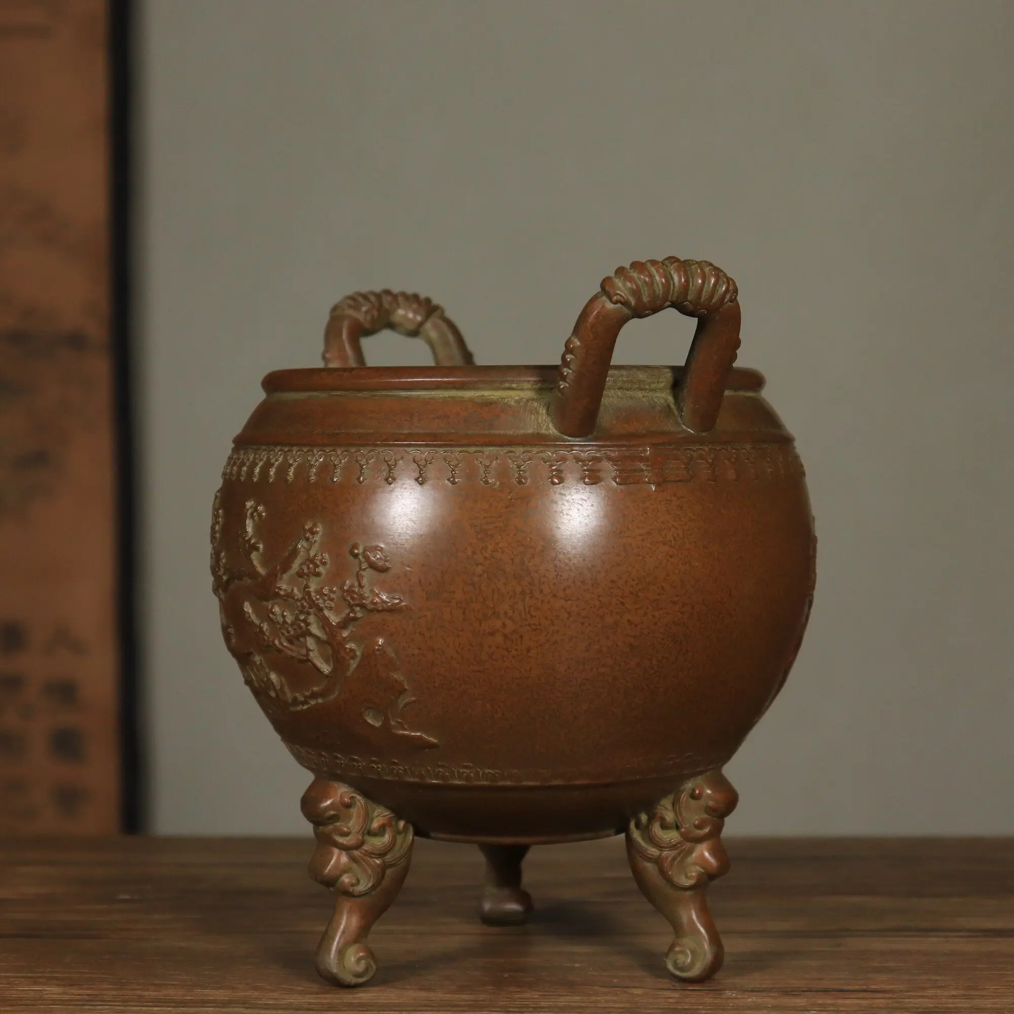 Extra Large Pure Copper Carved Three Leg Incense Burner Exquisite Craft Red Patina Heavy Hand Feeling