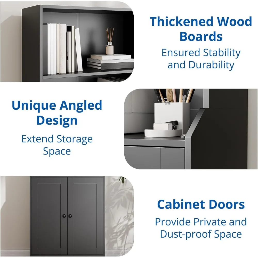 رف كتب كبير بطول 5 طبقات مع خزانة تخزين بعمق 15.7، وخزانة كتب قائمة بذاتها مع بابين لجهاز مادة القراءة الواسعة