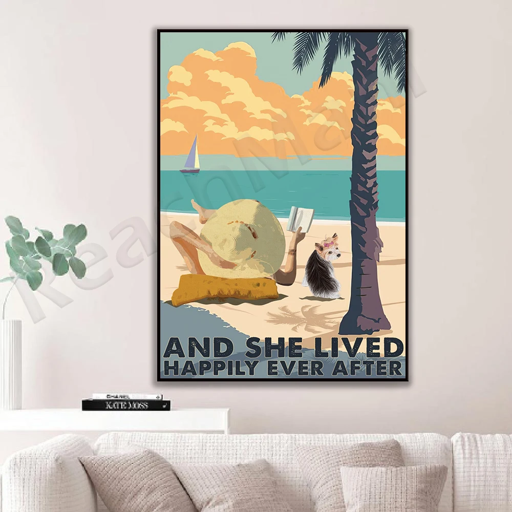 Beach girl and dog poster, she lived happily ever after, girl and dog sitting on the beach, dog lover gift, beach summer poster