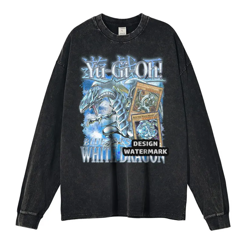 Anime yu gi oh camiseta de manga longa olhos azuis dragão branco mágico preto vintage lavado mangá moletom oversized masculino menina