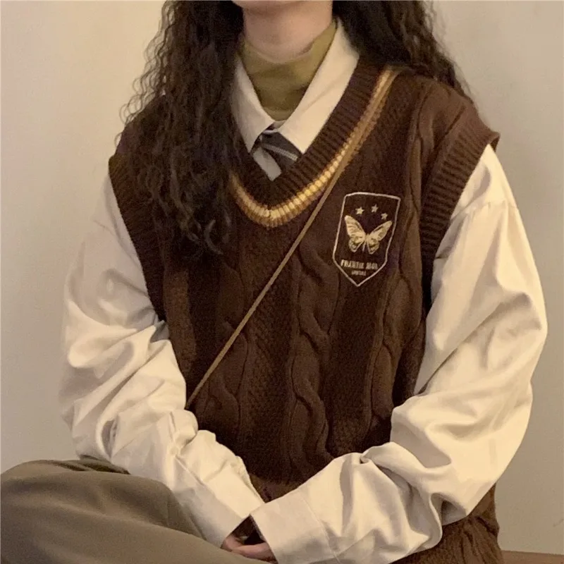 Autumn Winter Women Vintage Embroidery JK Preppy Style Knitted Sweater Vest Y2K Streetwear Harajuku V Neck Sleeveless Waistcoat