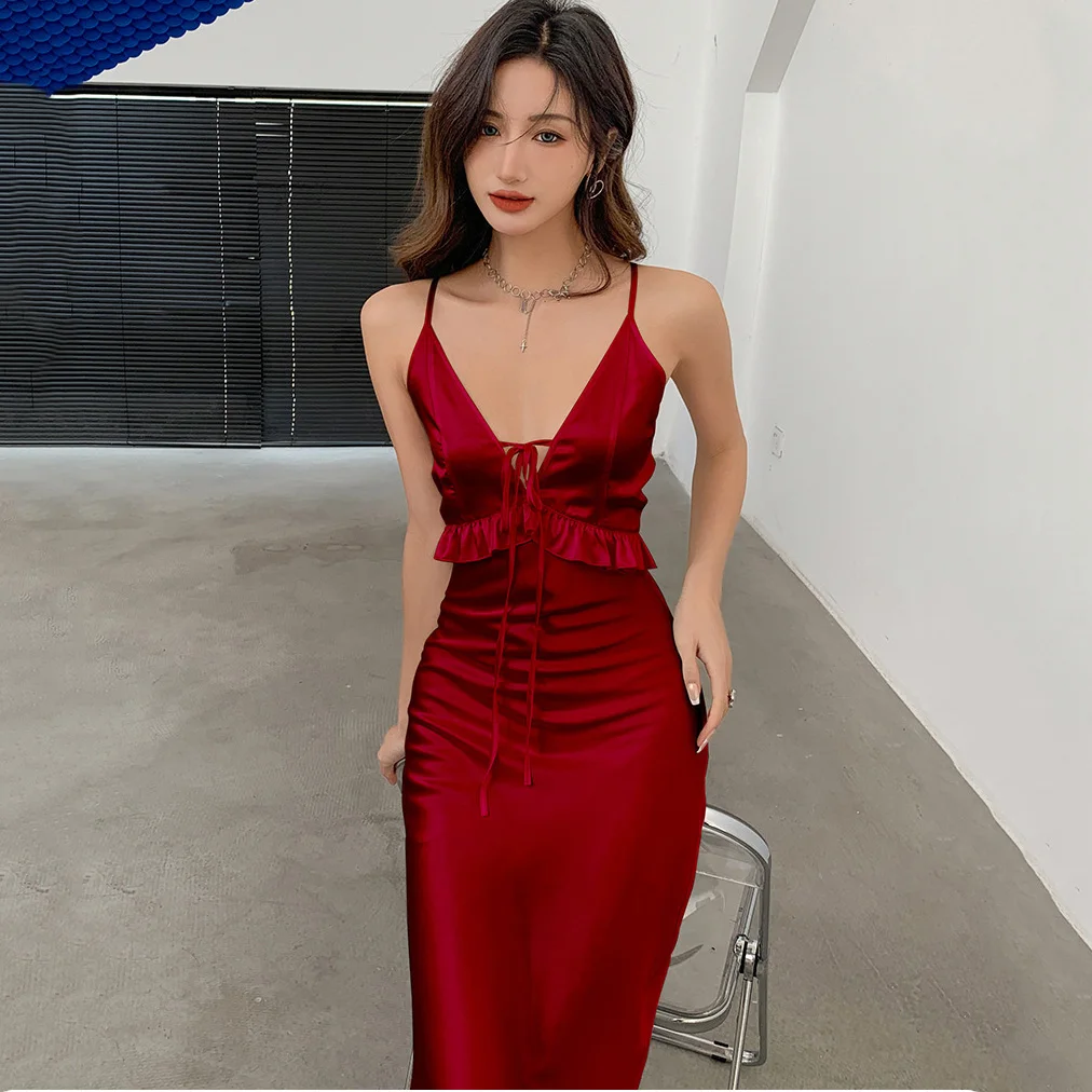 Burgundy Chemise Nightgown Women Sexy Long Split Suspender Nightdress Sleepwear Spring Summer Satin Nightwear Loose Home Wear