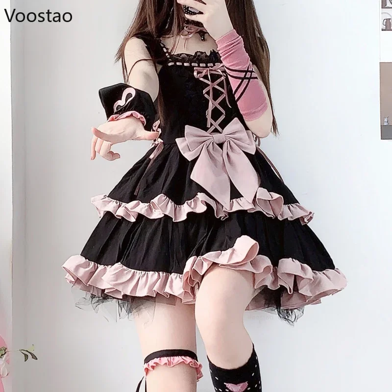 Abito Lolita gotico vittoriano giapponese Ragazza vintage Dolce fiocco con volant Fasciatura Principessa Abiti da festa per le donne Abiti scuri