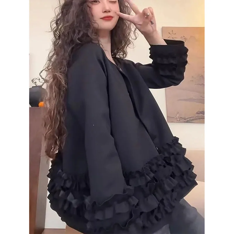 Woman's Coat Fashionable Design Ruffled Edge Black Coat Spring Autumn Beautiful Round Neck Loose Long Sleeved Casual Outerwear