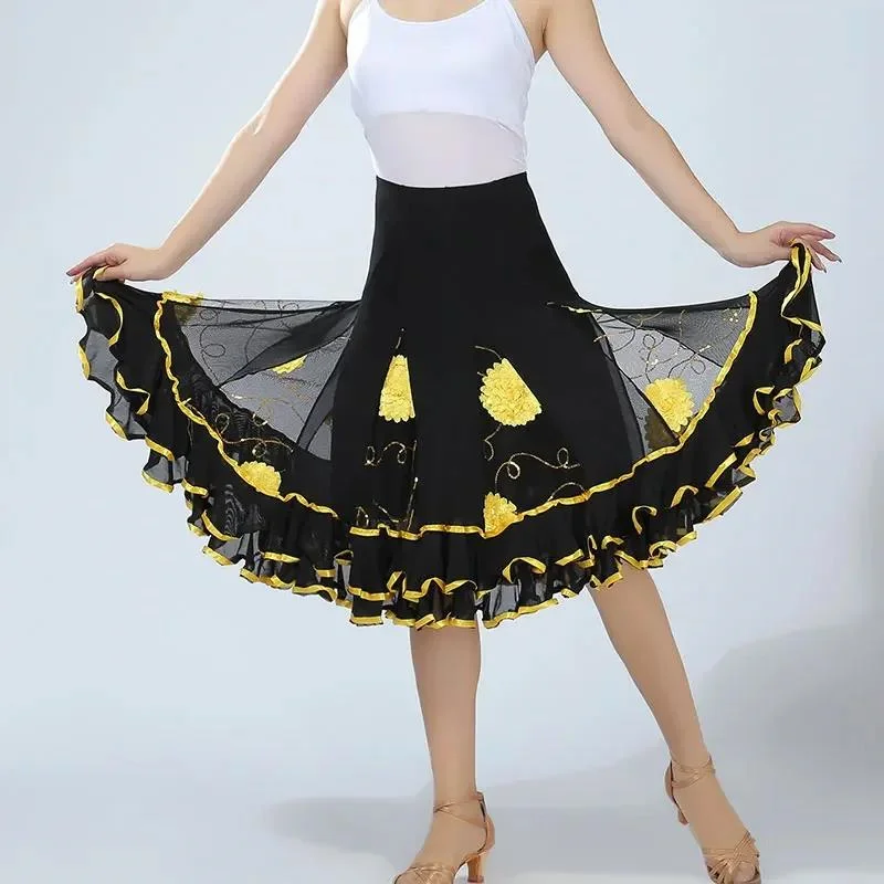 Traje de baile de lentejuelas para mujer, falda estándar de Flamenco de baile de salón de flores rojas, falda de baile moderna de columpio suave para fiesta de vals negra
