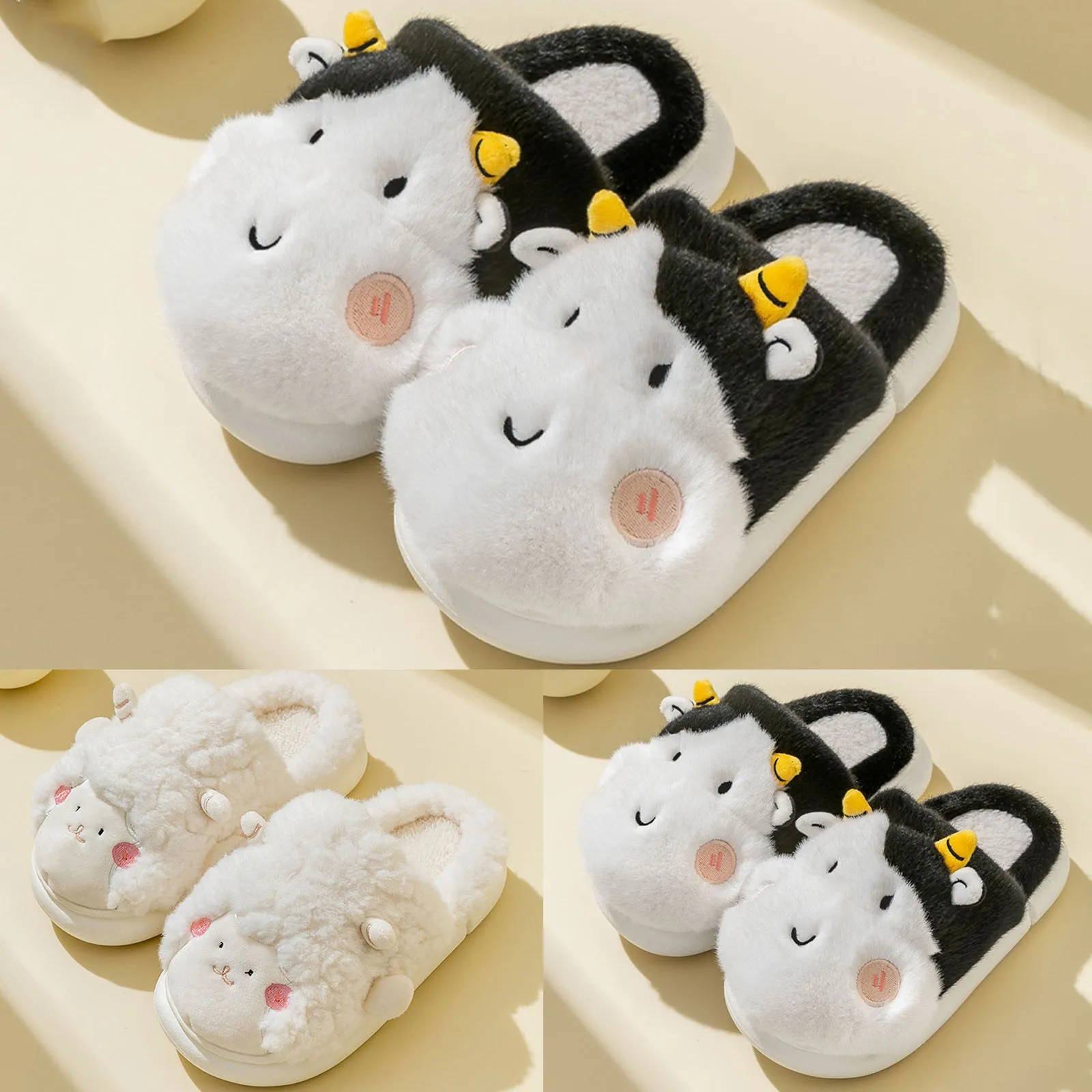 Kids Baby Boys Girls Winter Warm Slippers Children Cotton Cow Sheep Cartoon Print Non Slip Home Indoors Kids Short Plush Slipper