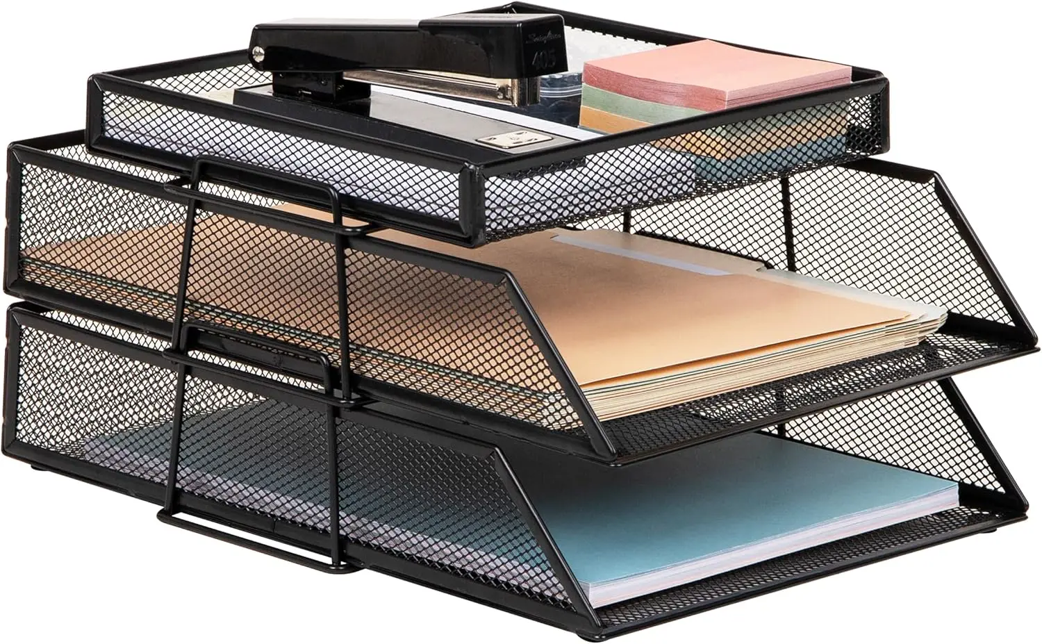 

Двухуровневый настольный органайзер для файлов с верхним отсеком для принадлежностей, металлический сетчатый дизайн для эффективного хранения в офисе