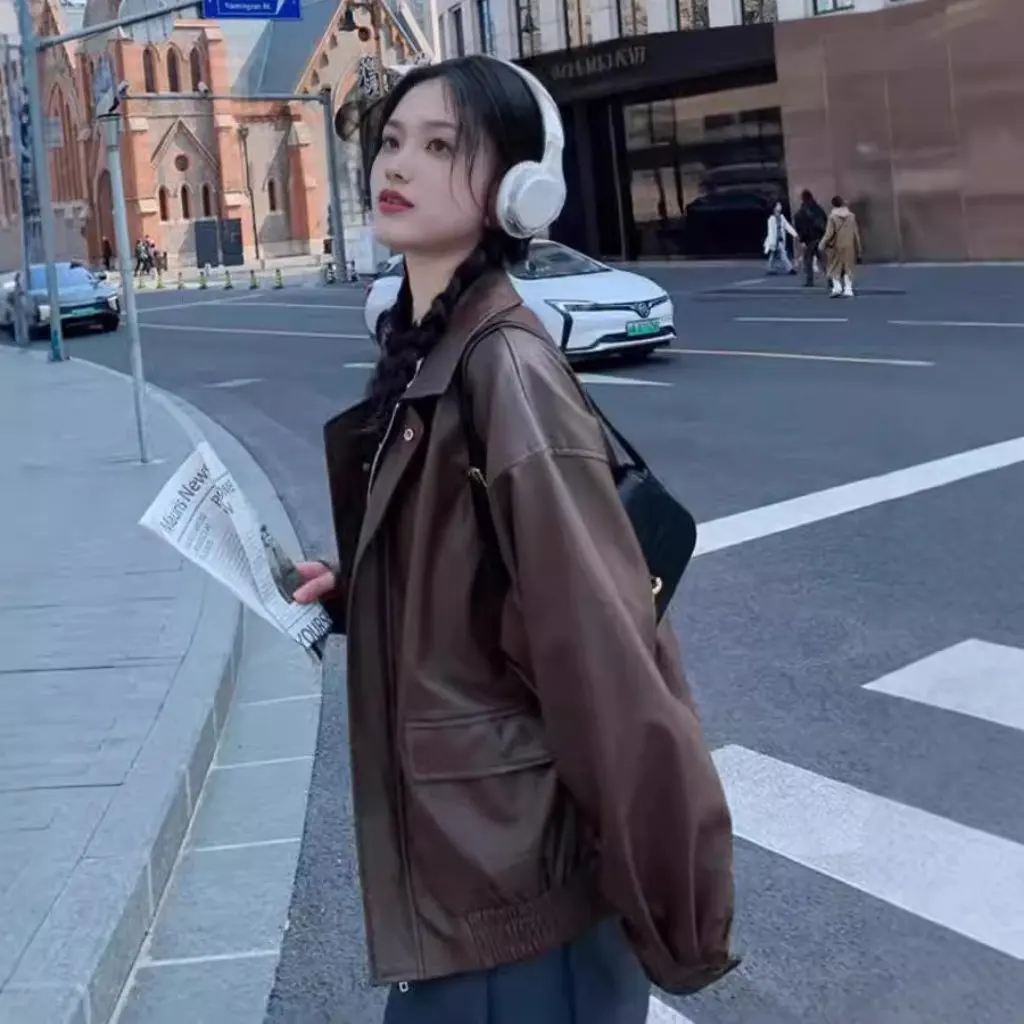 여성용 갈색 가죽 재킷 레트로 홍콩 스타일 가을 겨울 신상 플러스 벨벳 마이야르 모터사이클