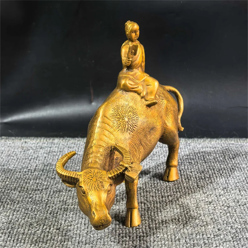 Chinese Old Copper Feng Shui Bronze Bull Statue - Shepherd Reading Home Office Decorative Ornament for Business Success