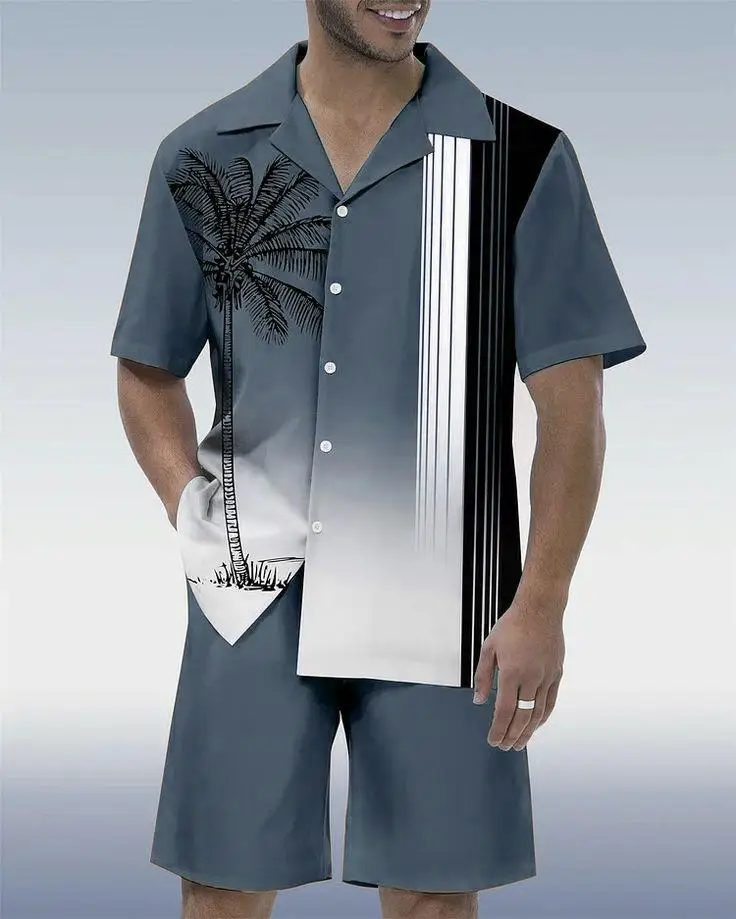 

Men's Casual Shirt And Summer Daily Beach Shorts set, Solid Coconut Tree Printed short-sleeved Set