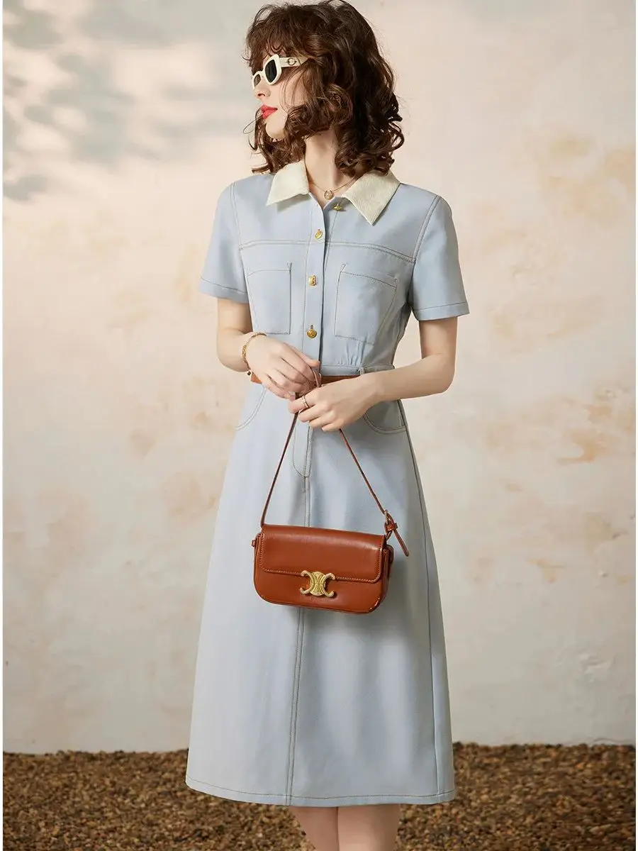 LOUIS YAO Women Dress Elegant Turn Down Collar Short Sleeve Office Lady A-LINE French Style Casual Long Dress