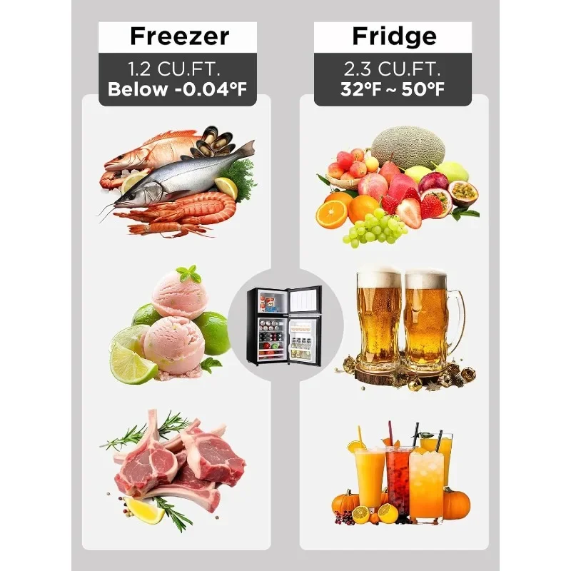 3.5 Cu.Ft Compact Refrigerator with Freezer, Mini Fridge with 2 Doors for Office, Kitchen, Dorm and Bedroom, Small Fridge lack