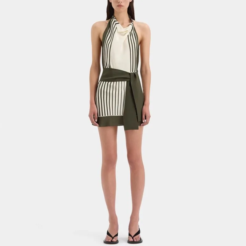 패션 비치 휴가 미니 드레스 섹시 백리스 홀터 슬리브리스 숏 드레스 시크 스트라이프 패치워크 벨트 여름 드레스 2025 신상