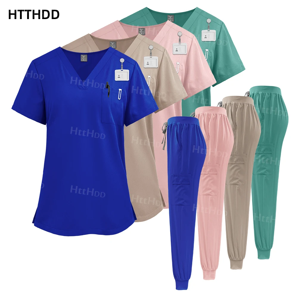 

Medical Uniforms Woman Surgical Scrubs Nurse Doctor Hospital Accessories Solid Color Nusing Uniform Scrub Jogger Pants Suit Men