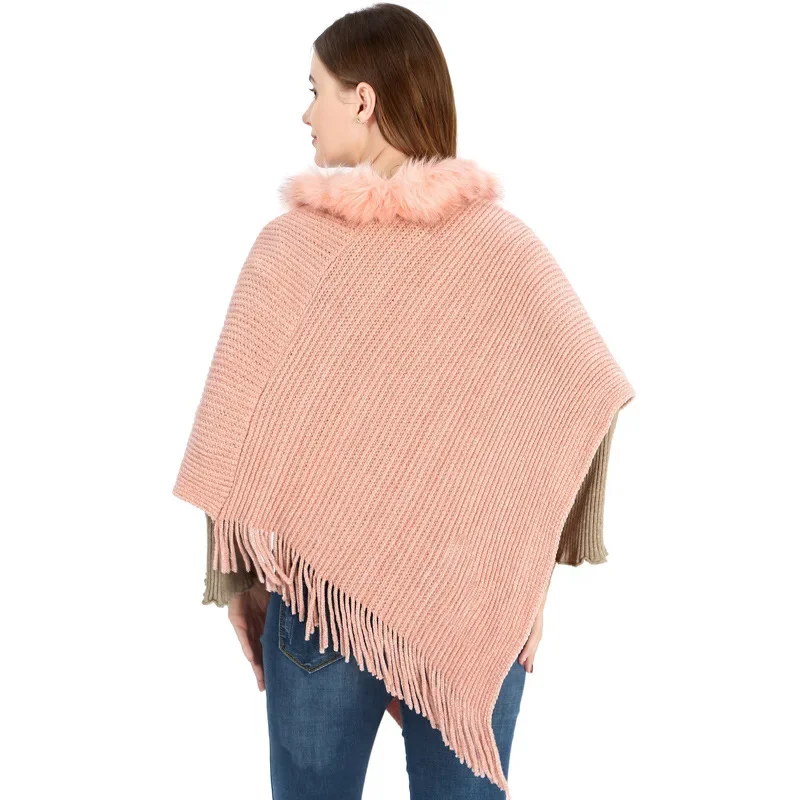 Autumn Winter Women Triangle Long Capes Poncho Tassel Knitwear Faux Fur Warm O Neck Outstreet Pullover Loose Knitted Shawl Coat